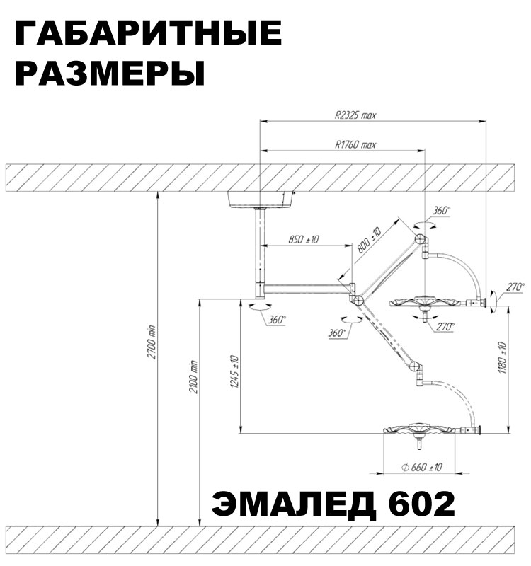 Светильник хирургический потолочный одноблочный «ЭМАЛЕД 602» - Габаритные размеры