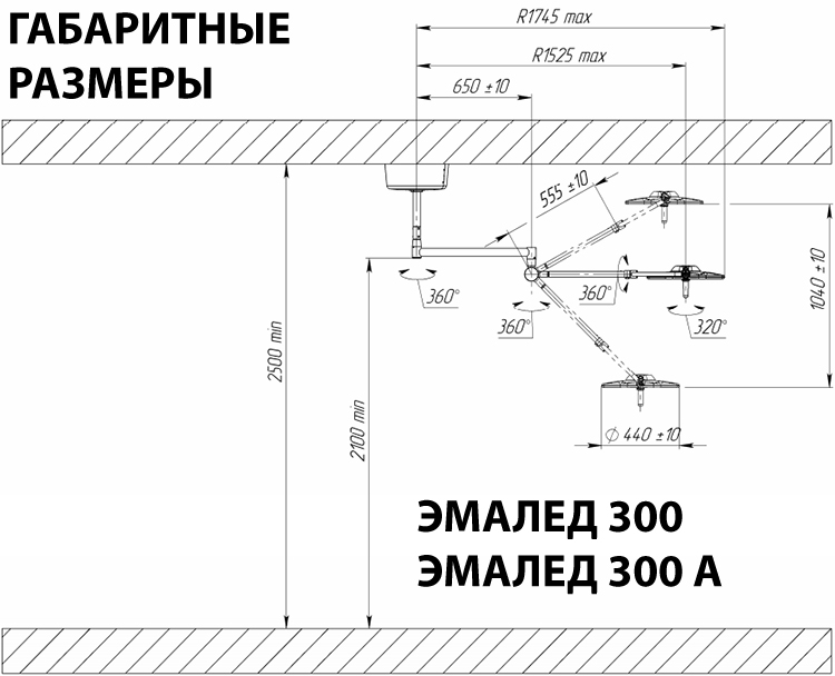 Светильник операционный потолочный «ЭМАЛЕД 300» светодиодный бестеневой - Габаритные размеры Светильник операционный потолочный «ЭМАЛЕД 300» светодиодный бестеневой - Габаритные размеры